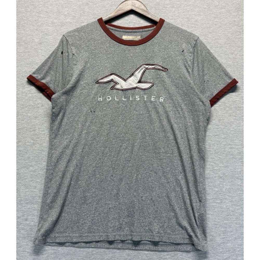 Hollister California Ringer T Shirt Mens Medium Heather Gray Embroidered Seagull